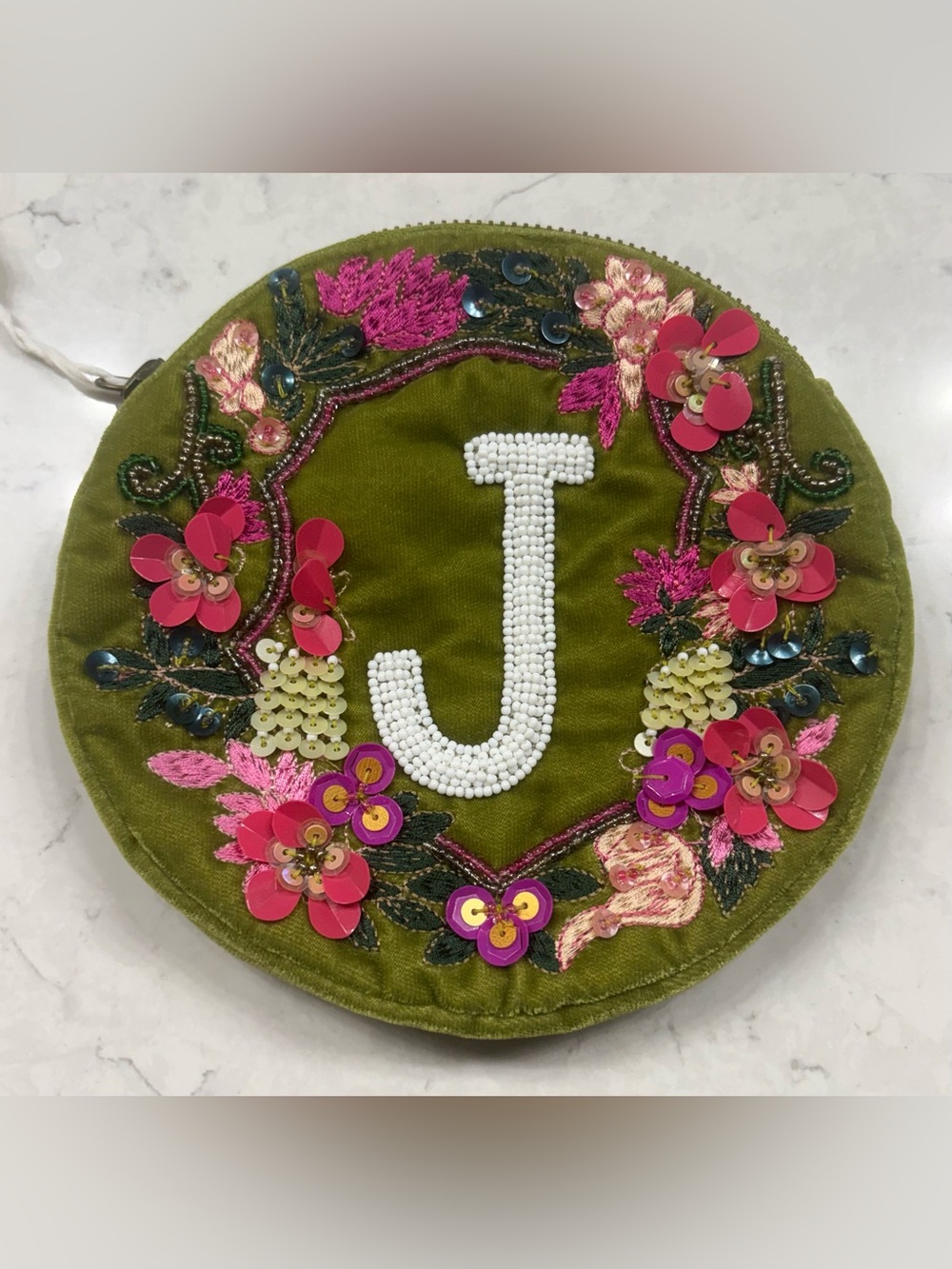 Anna Harlow Russo for Anthropologie- Green velvet circle bag. Letter J- white